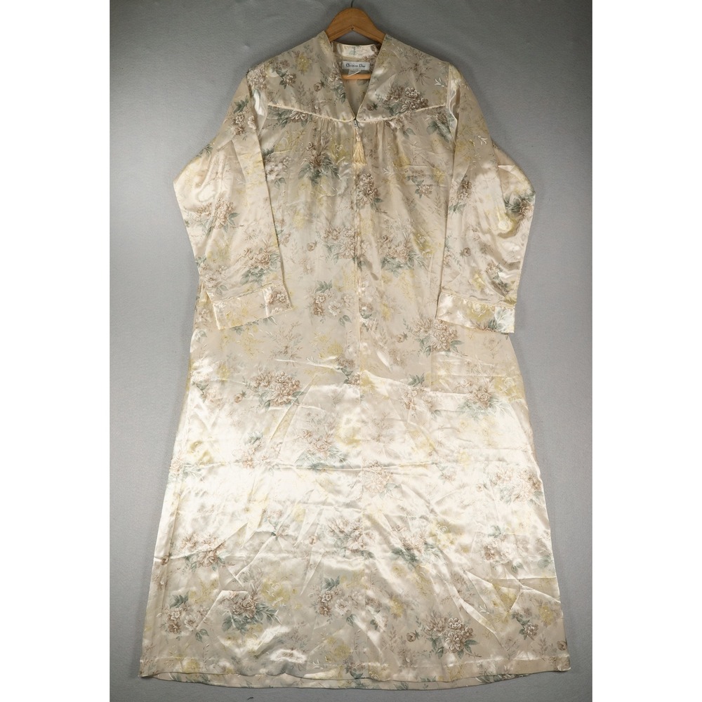 Vintage Christian Dior Womens Floral Satin Nightgown Maxi Zip Front Cream Medium